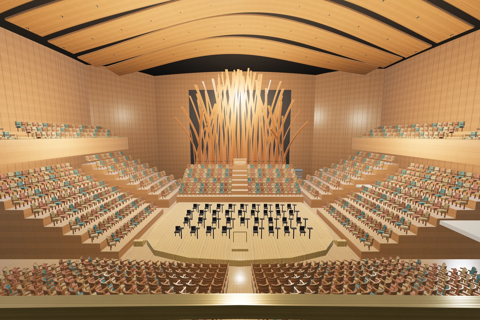 Walt Disney Concert Hall: Stupňovité hlediště a dřevěný podhled