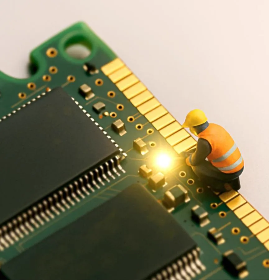 Propojení technologií – miniaturní stavbař pracuje na čipu
