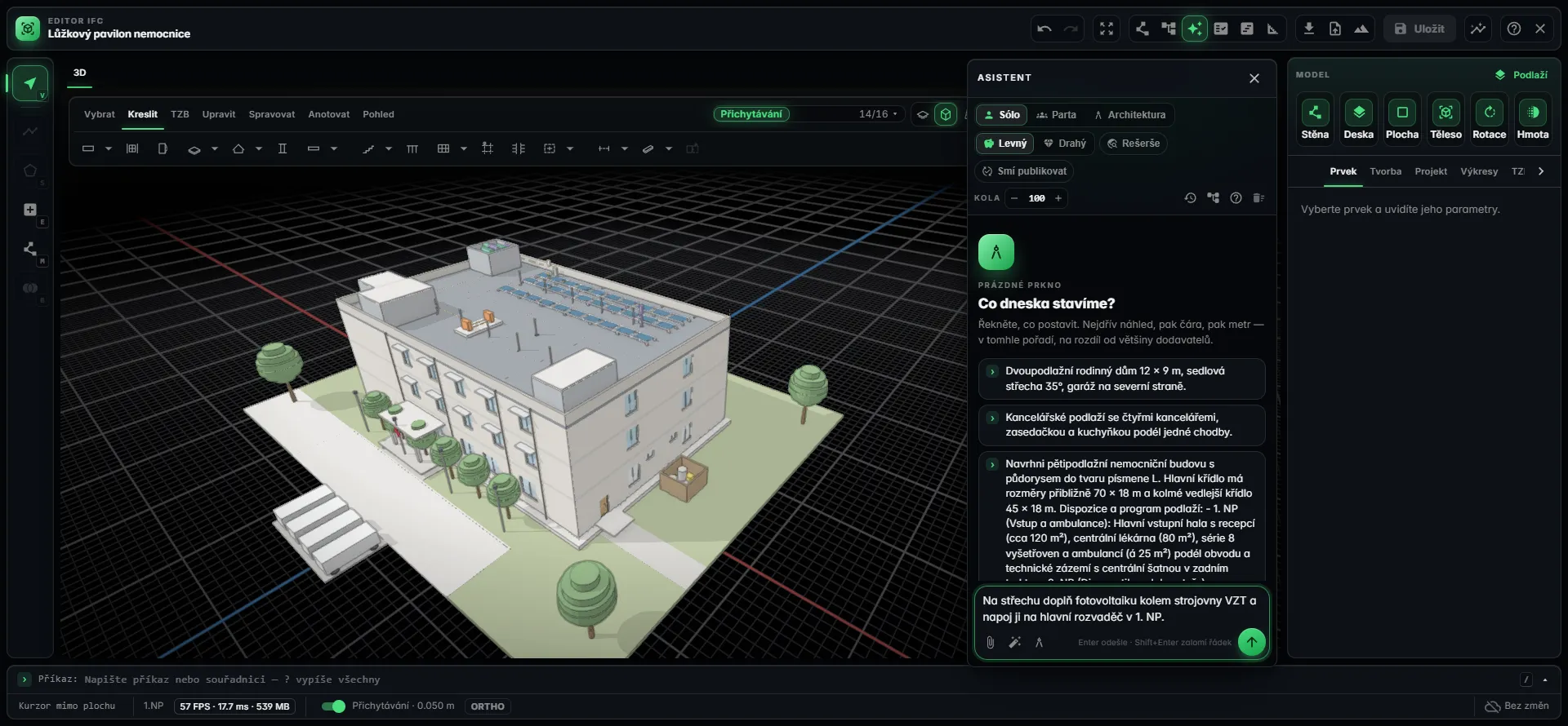 BIM Harness editor with the AI assistant panel next to a generated building model