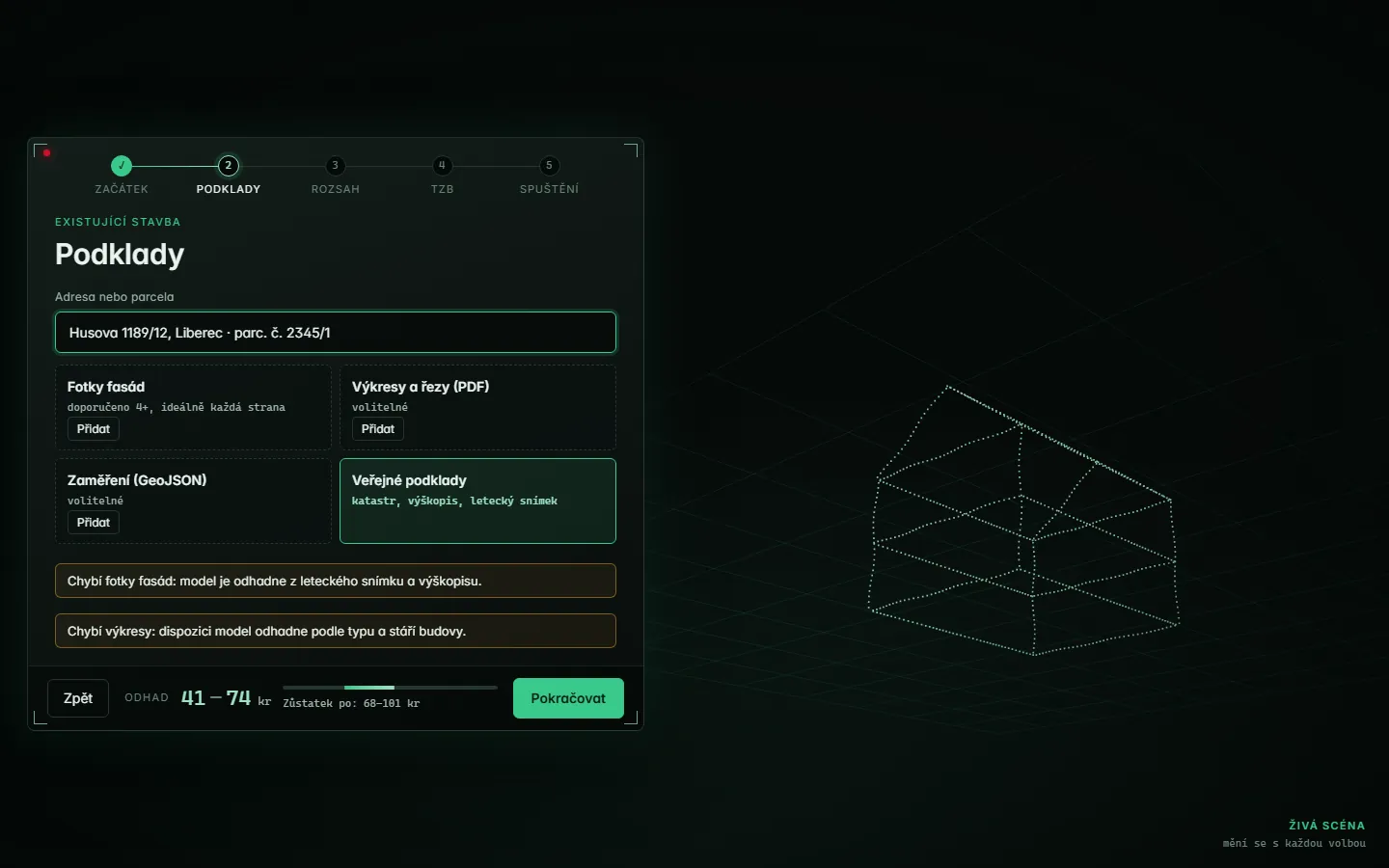 Existing-building wizard: sources, facade photos and scope