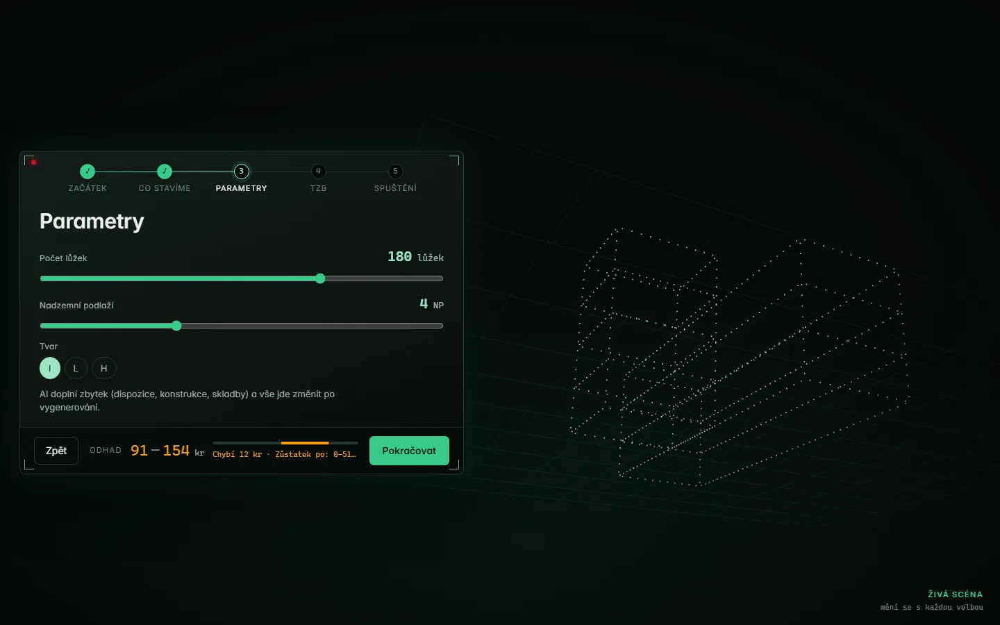 Building parameters with an area slider and a live holographic preview