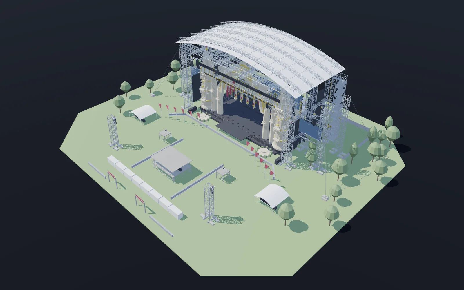Festivalové pódium - Najpodrobnejší model na poličke: šesť veží ground-support systému, väzníky cez 67 m a sedem svetelných mostov, každý nakreslený po prútoch - pás, priečka v každom uzle, diagonála v každej stene poľa. Na ráme visí výprava so soklami, cimburím, kružbami, chrličmi, kanelovanou kolonádou, rozetami a sochami.