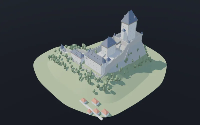 Karlštejn - Hrad na teréne ako výškovom poli: hradby sa zakladajú na tej istej funkcii, z ktorej je kreslená skala.