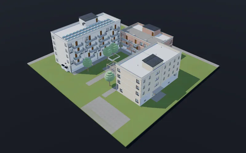Bytový súbor - Tri domy a priestor medzi nimi - vnútroblok, cesty a zeleň sú súčasťou modelu, nie podkladu.